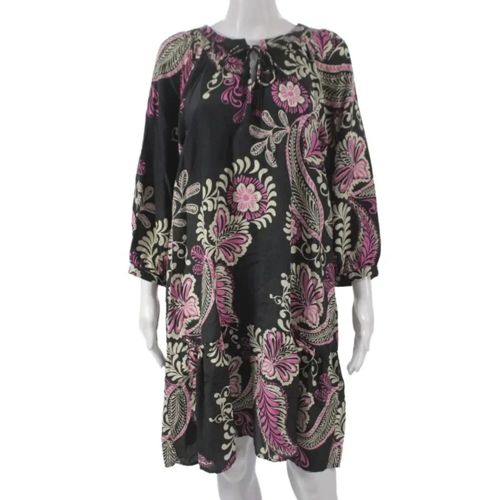 Johnny Was Workshop Womens Silk Black Shift Dress 3/4 Sleeve Tie Size L